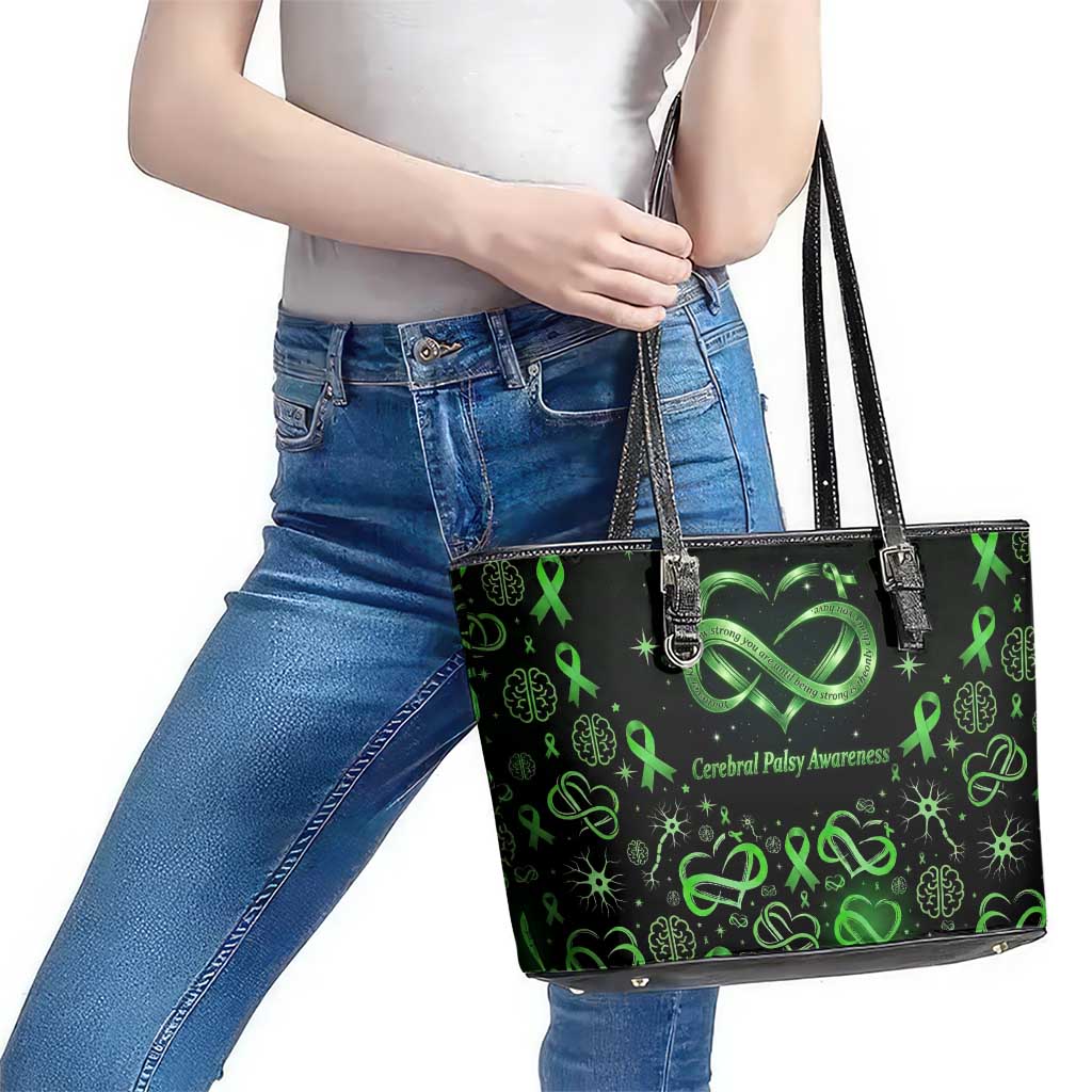 Cerebral Palsy Awareness Infinity Heart Leather Tote Bag Neon Green Ribbon Pattern Illustration