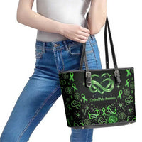 Cerebral Palsy Awareness Infinity Heart Leather Tote Bag Neon Green Ribbon Pattern Illustration
