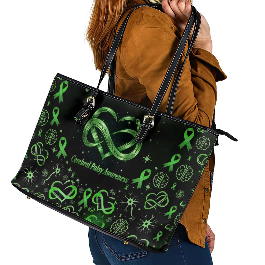 Cerebral Palsy Awareness Infinity Heart Leather Tote Bag Neon Green Ribbon Pattern Illustration