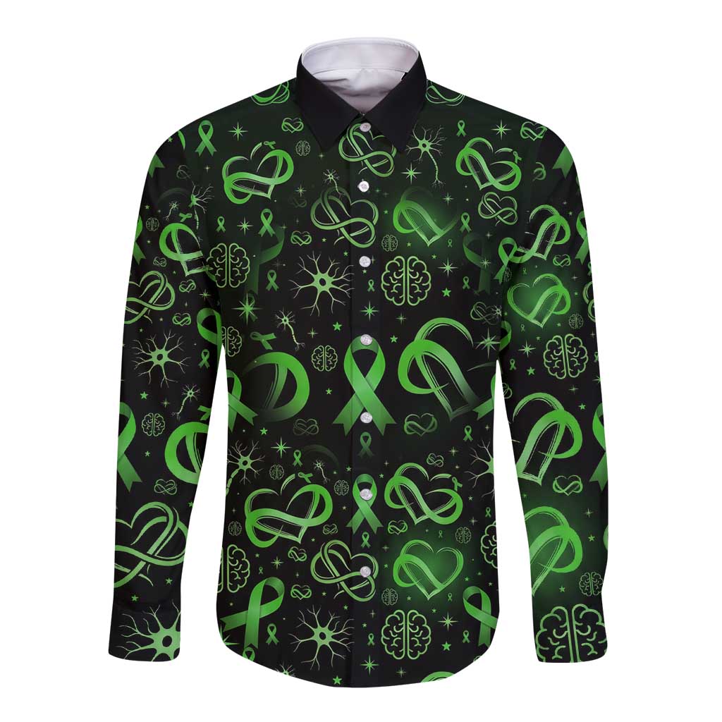 Cerebral Palsy Awareness Infinity Heart Long Sleeve Button Shirt Neon Green Ribbon Pattern Illustration