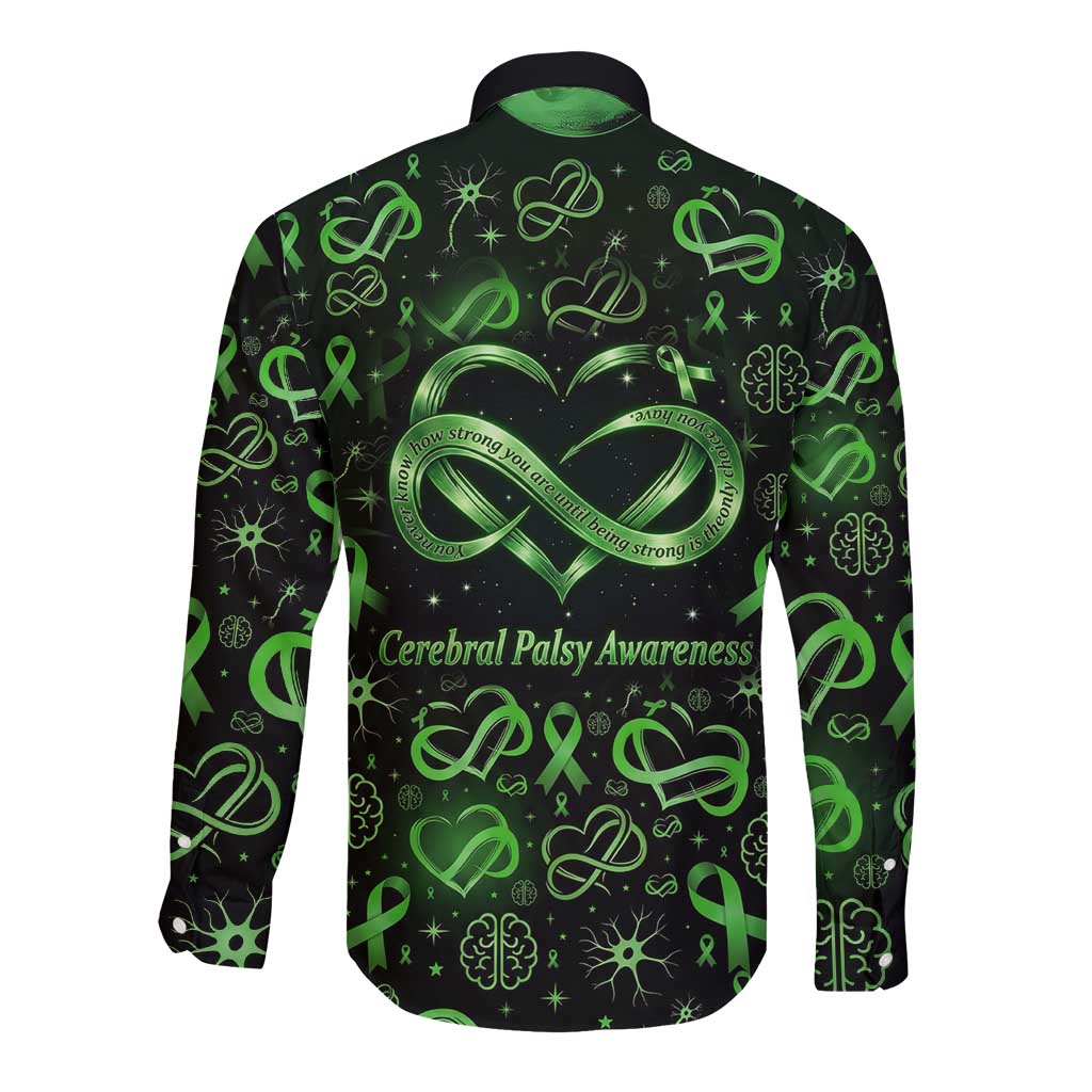 Cerebral Palsy Awareness Infinity Heart Long Sleeve Button Shirt Neon Green Ribbon Pattern Illustration