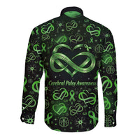 Cerebral Palsy Awareness Infinity Heart Long Sleeve Button Shirt Neon Green Ribbon Pattern Illustration