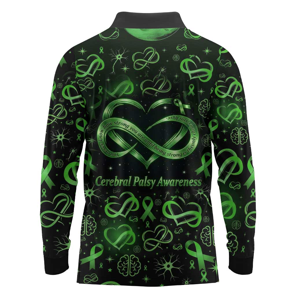 Cerebral Palsy Awareness Infinity Heart Long Sleeve Polo Shirt Neon Green Ribbon Pattern Illustration
