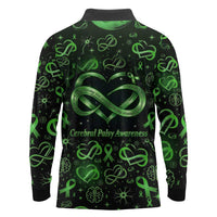 Cerebral Palsy Awareness Infinity Heart Long Sleeve Polo Shirt Neon Green Ribbon Pattern Illustration