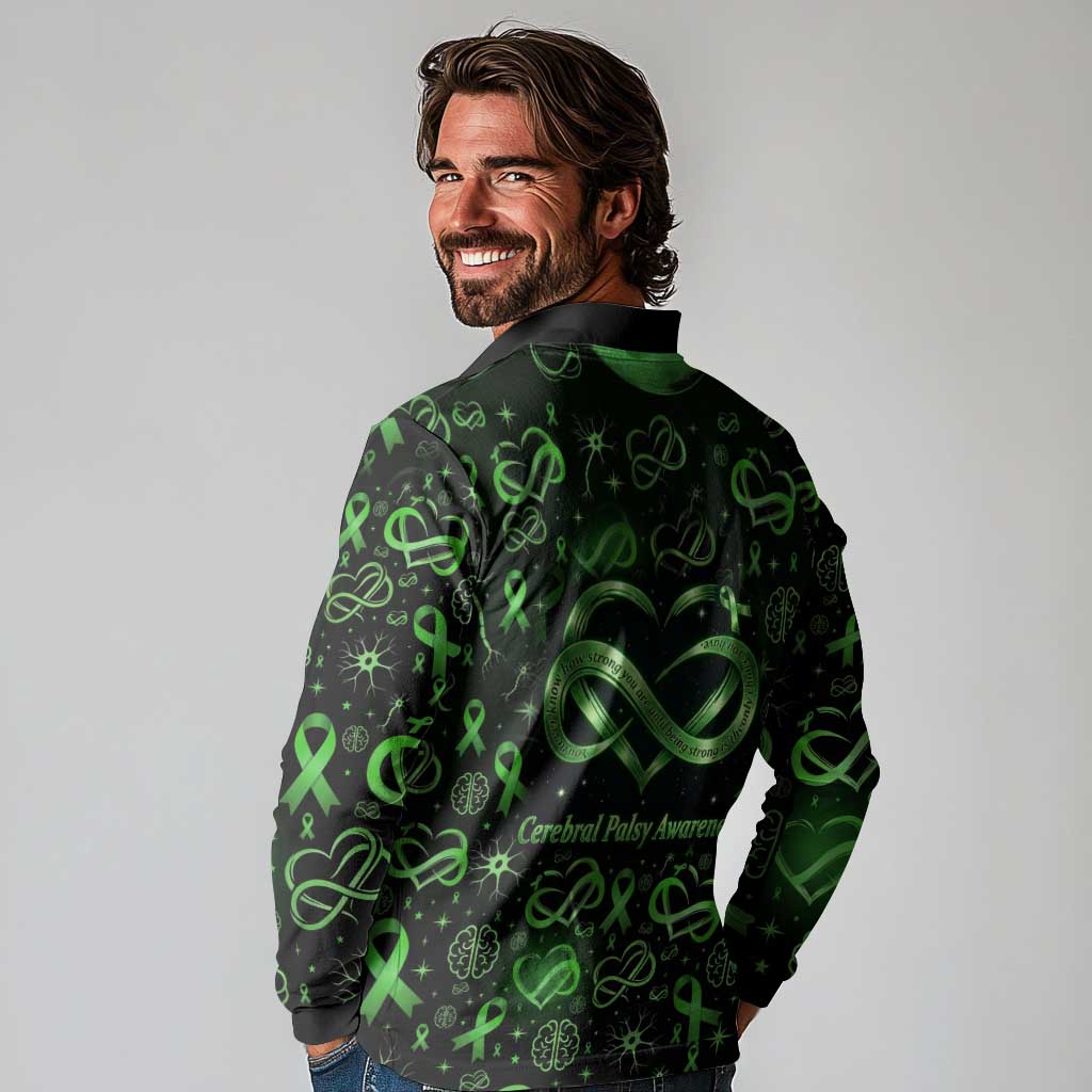 Cerebral Palsy Awareness Infinity Heart Long Sleeve Polo Shirt Neon Green Ribbon Pattern Illustration