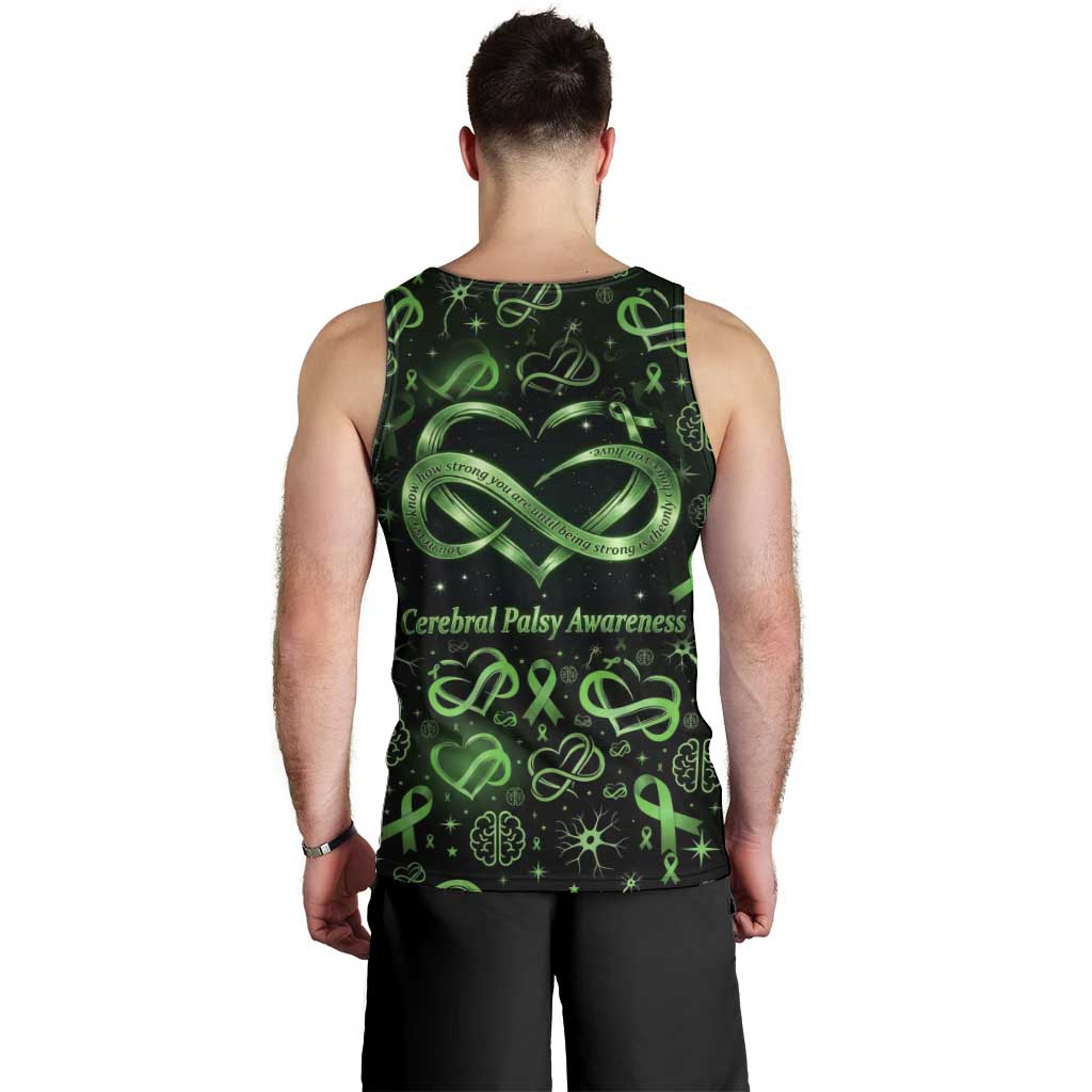Cerebral Palsy Awareness Infinity Heart Men Tank Top Neon Green Ribbon Pattern Illustration