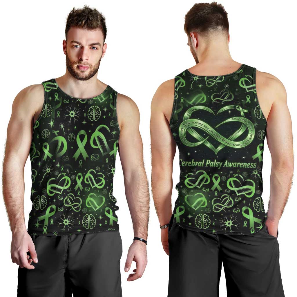 Cerebral Palsy Awareness Infinity Heart Men Tank Top Neon Green Ribbon Pattern Illustration