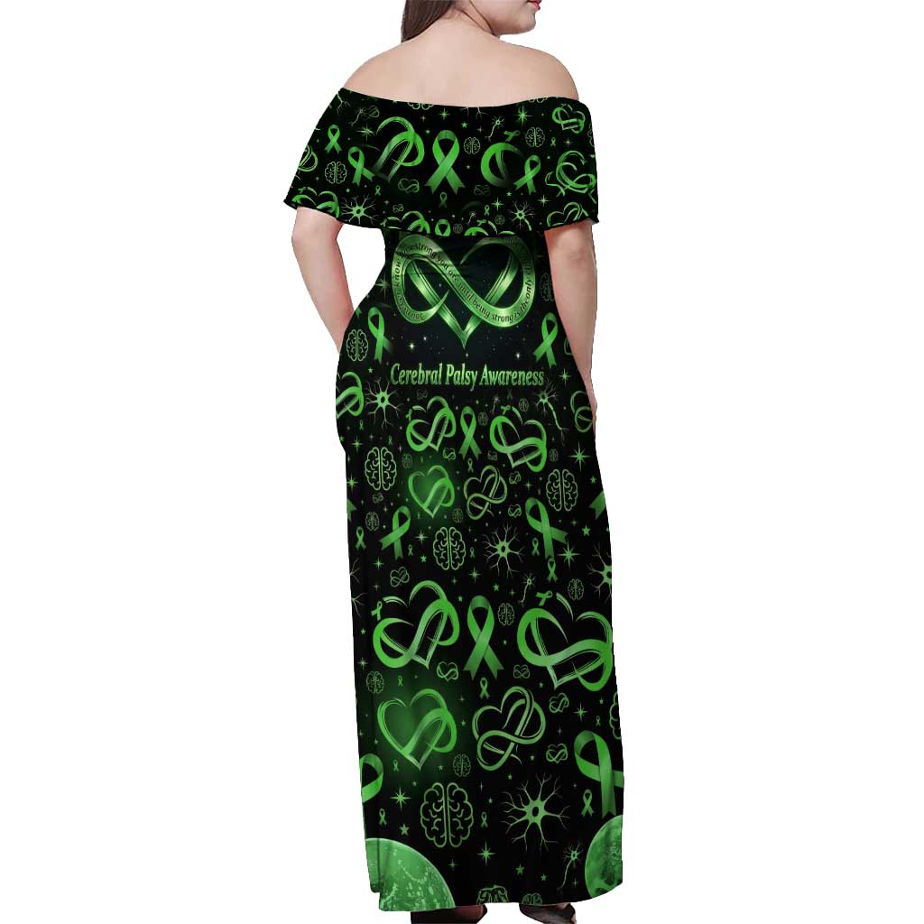 Cerebral Palsy Awareness Infinity Heart Off Shoulder Maxi Dress Neon Green Ribbon Pattern Illustration