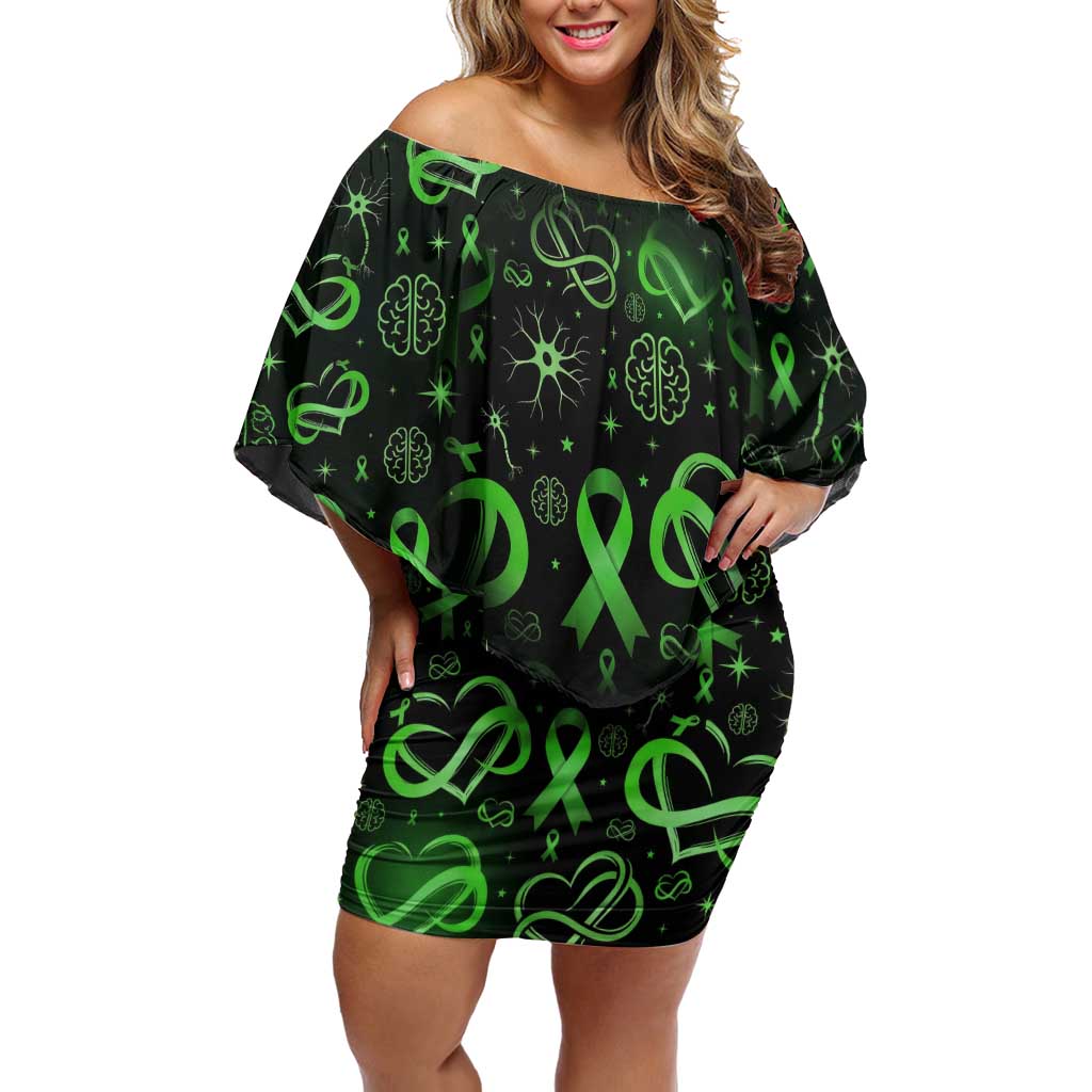 Cerebral Palsy Awareness Infinity Heart Off Shoulder Short Dress Neon Green Ribbon Pattern Illustration