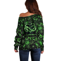 Cerebral Palsy Awareness Infinity Heart Off Shoulder Sweater Neon Green Ribbon Pattern Illustration