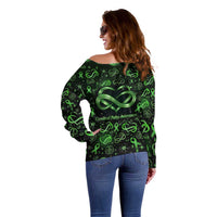 Cerebral Palsy Awareness Infinity Heart Off Shoulder Sweater Neon Green Ribbon Pattern Illustration