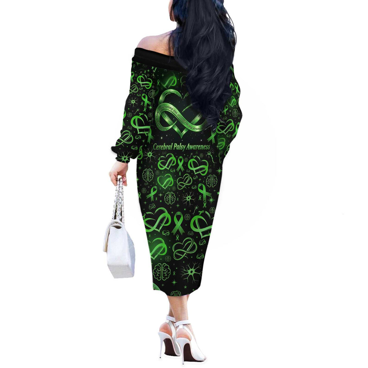Cerebral Palsy Awareness Infinity Heart Off The Shoulder Long Sleeve Dress Neon Green Ribbon Pattern Illustration