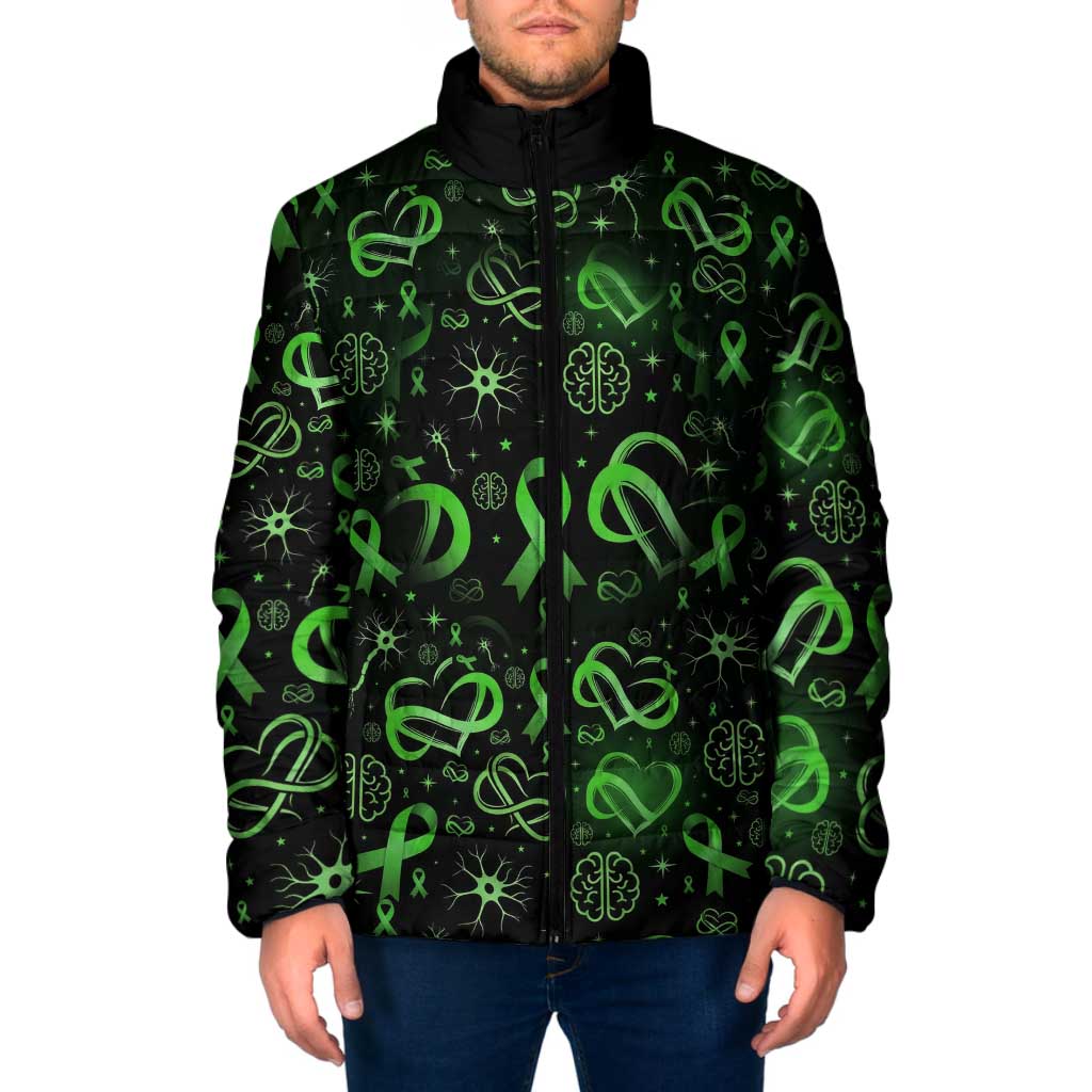 Cerebral Palsy Awareness Infinity Heart Padded Jacket Neon Green Ribbon Pattern Illustration