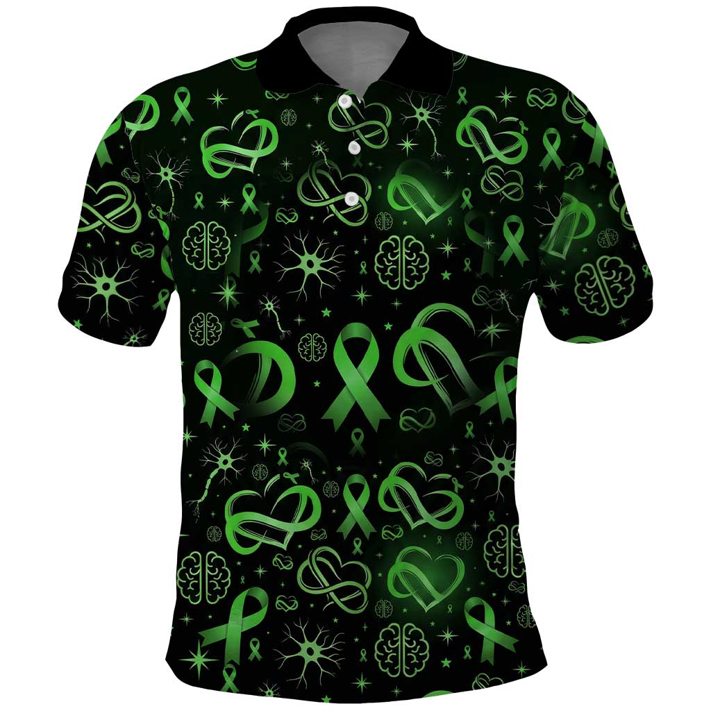 Cerebral Palsy Awareness Infinity Heart Polo Shirt Neon Green Ribbon Pattern Illustration