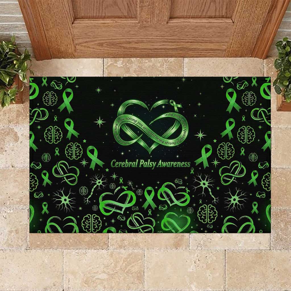 Cerebral Palsy Awareness Infinity Heart Rubber Doormat Neon Green Ribbon Pattern Illustration