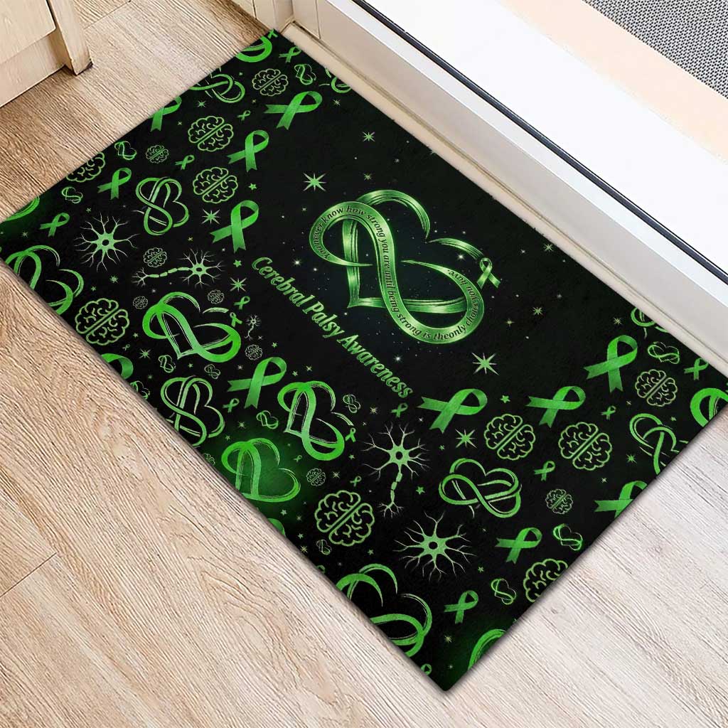 Cerebral Palsy Awareness Infinity Heart Rubber Doormat Neon Green Ribbon Pattern Illustration