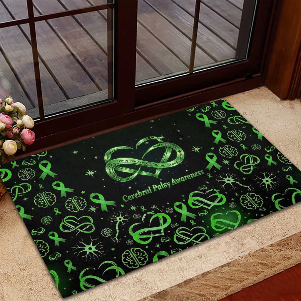Cerebral Palsy Awareness Infinity Heart Rubber Doormat Neon Green Ribbon Pattern Illustration