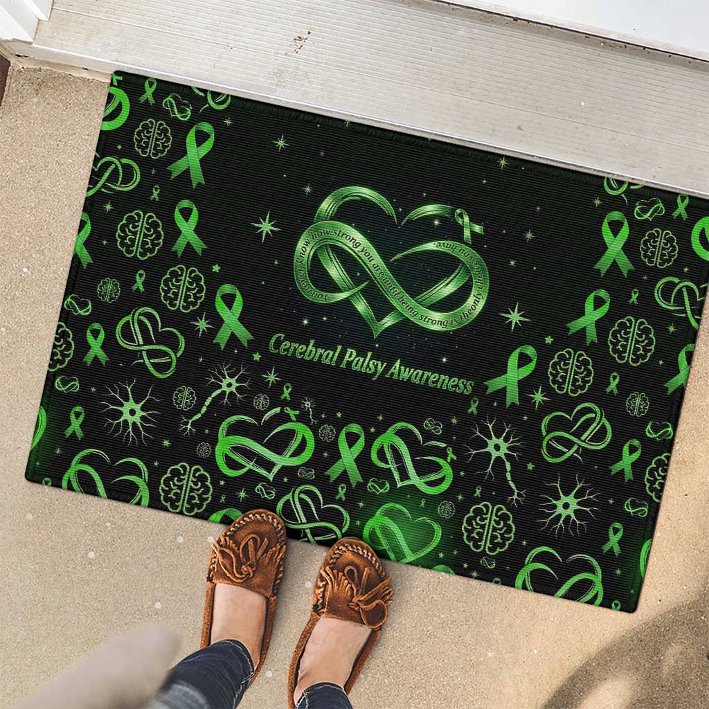 Cerebral Palsy Awareness Infinity Heart Rubber Doormat Neon Green Ribbon Pattern Illustration