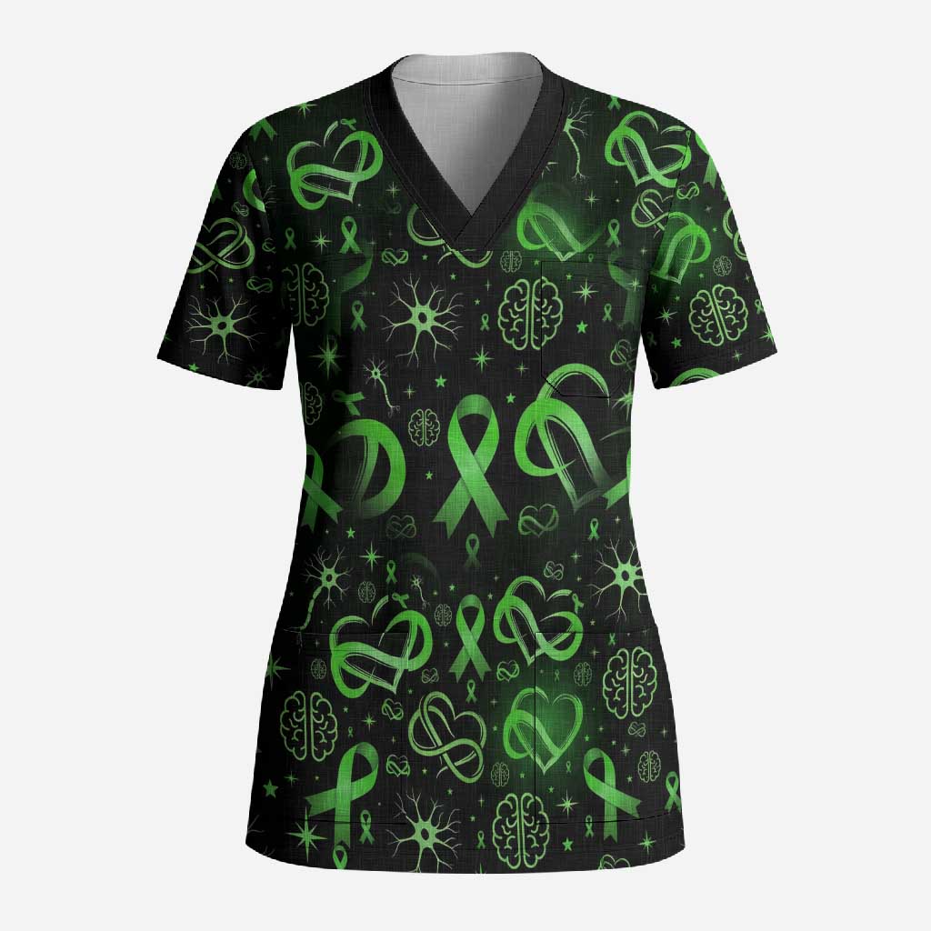 Cerebral Palsy Awareness Infinity Heart Scrub Top Neon Green Ribbon Pattern Illustration