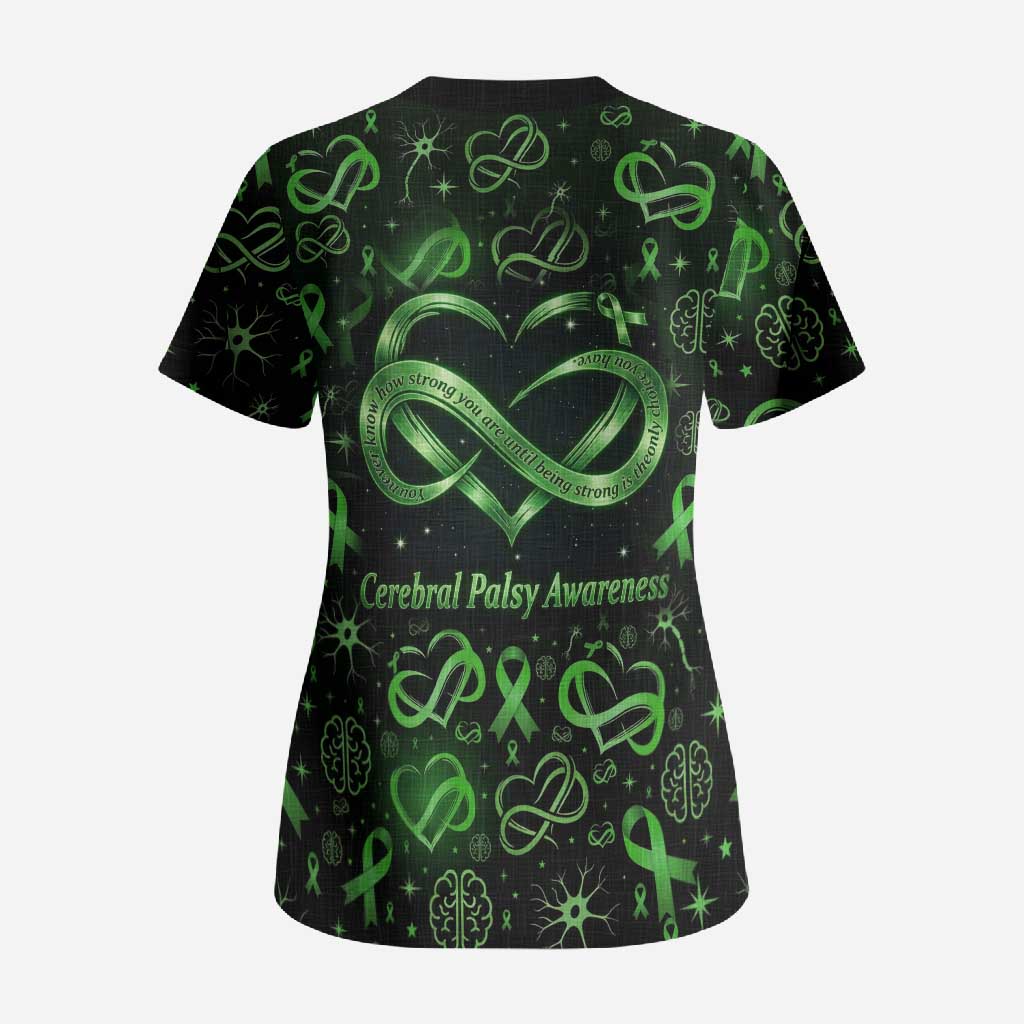 Cerebral Palsy Awareness Infinity Heart Scrub Top Neon Green Ribbon Pattern Illustration