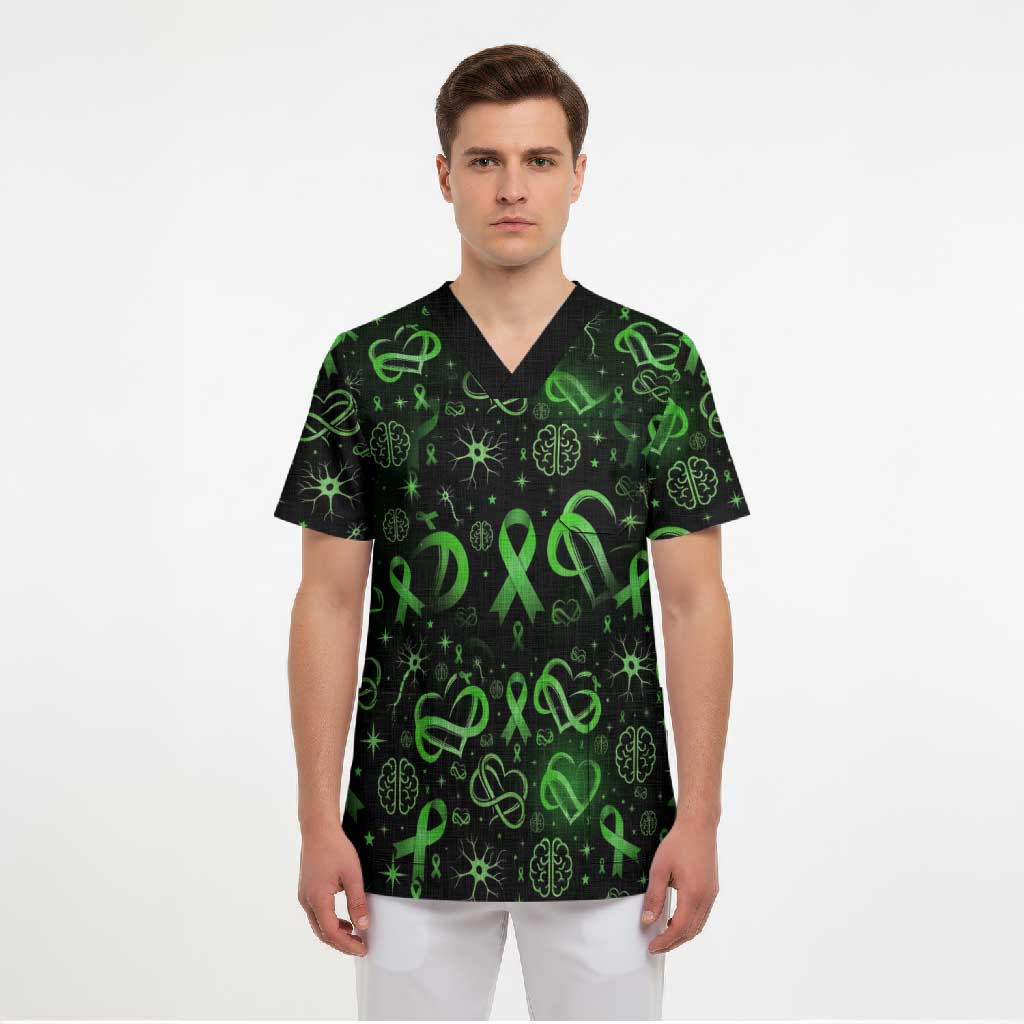 Cerebral Palsy Awareness Infinity Heart Scrub Top Neon Green Ribbon Pattern Illustration