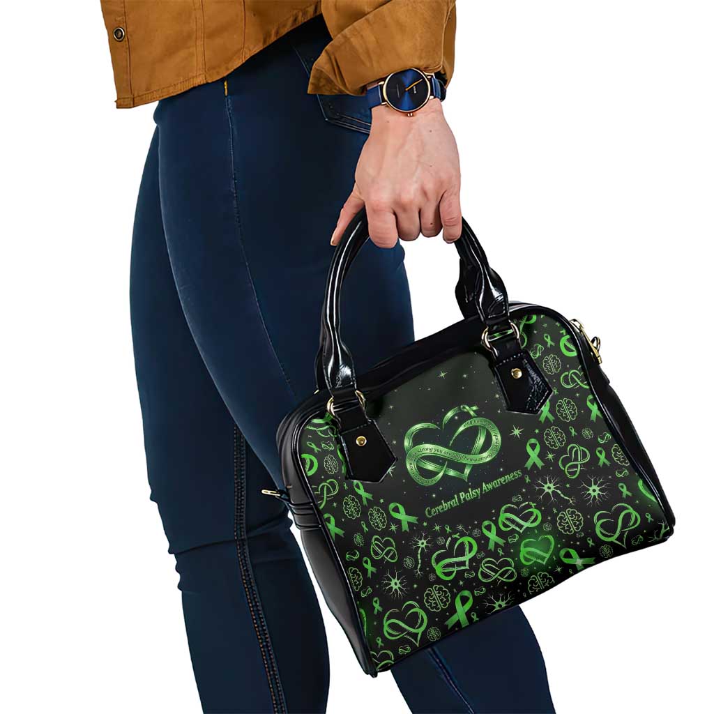 Cerebral Palsy Awareness Infinity Heart Shoulder Handbag Neon Green Ribbon Pattern Illustration