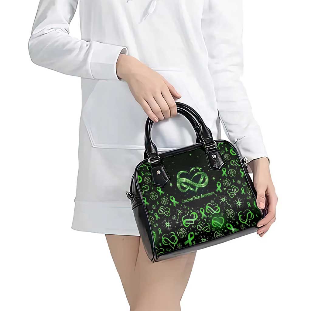 Cerebral Palsy Awareness Infinity Heart Shoulder Handbag Neon Green Ribbon Pattern Illustration