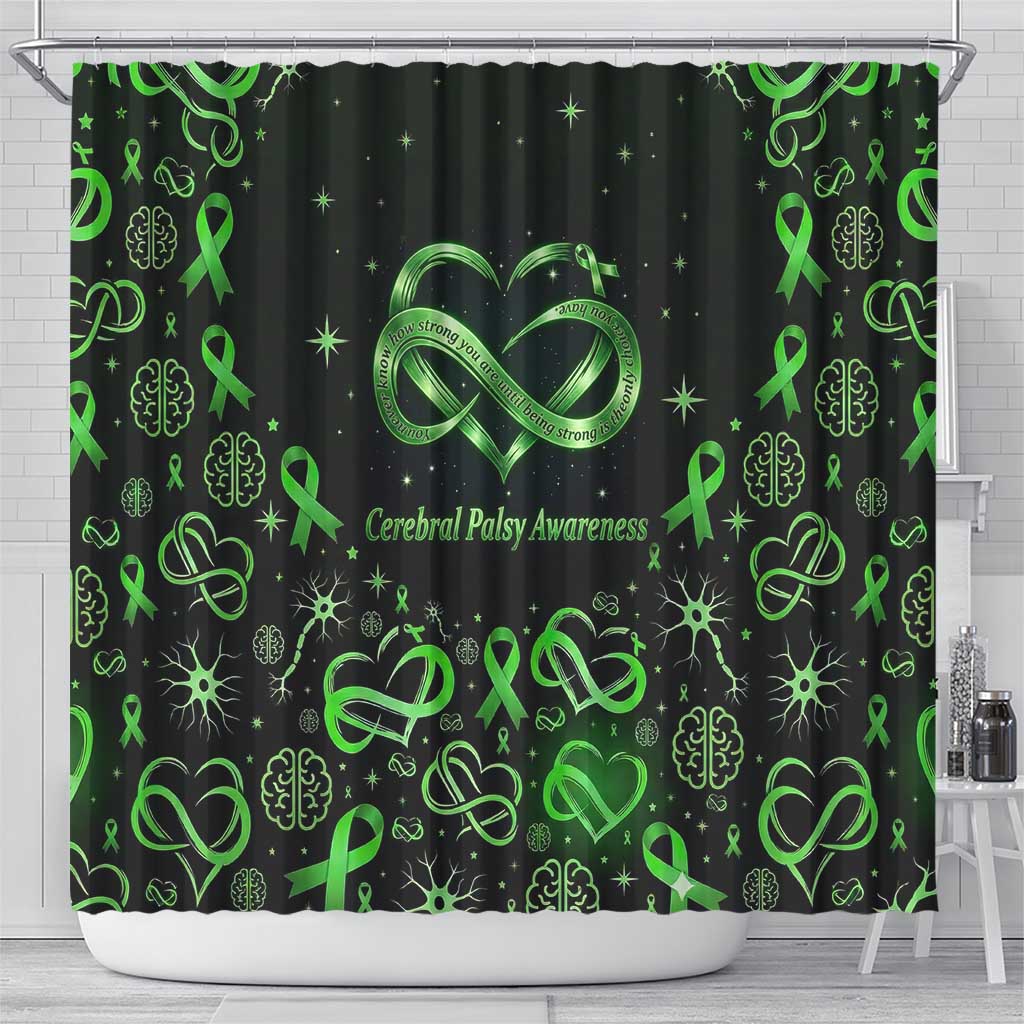 Cerebral Palsy Awareness Infinity Heart Shower Curtain Neon Green Ribbon Pattern Illustration