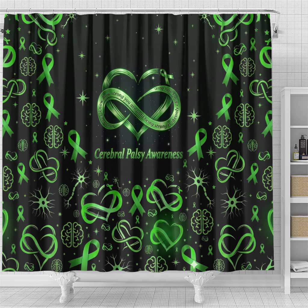 Cerebral Palsy Awareness Infinity Heart Shower Curtain Neon Green Ribbon Pattern Illustration