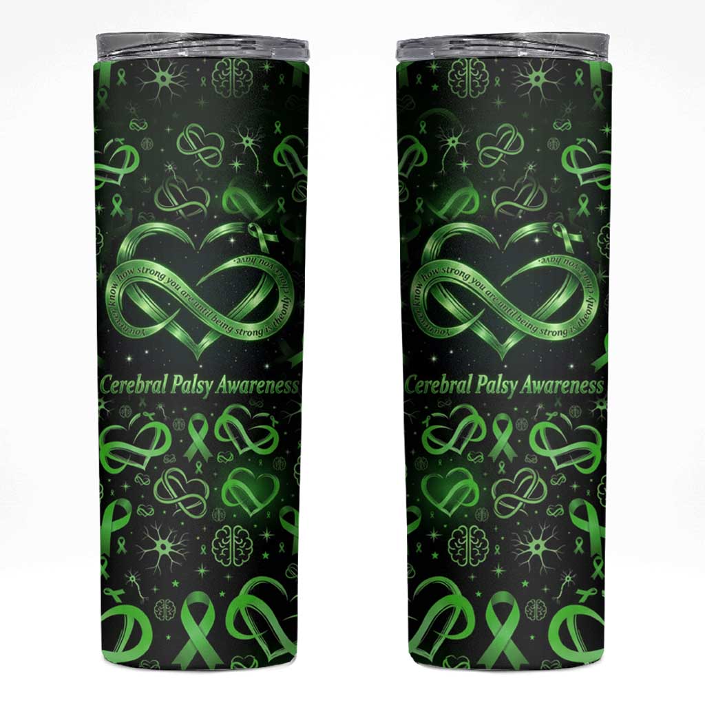 Cerebral Palsy Awareness Infinity Heart Skinny Tumbler Neon Green Ribbon Pattern Illustration