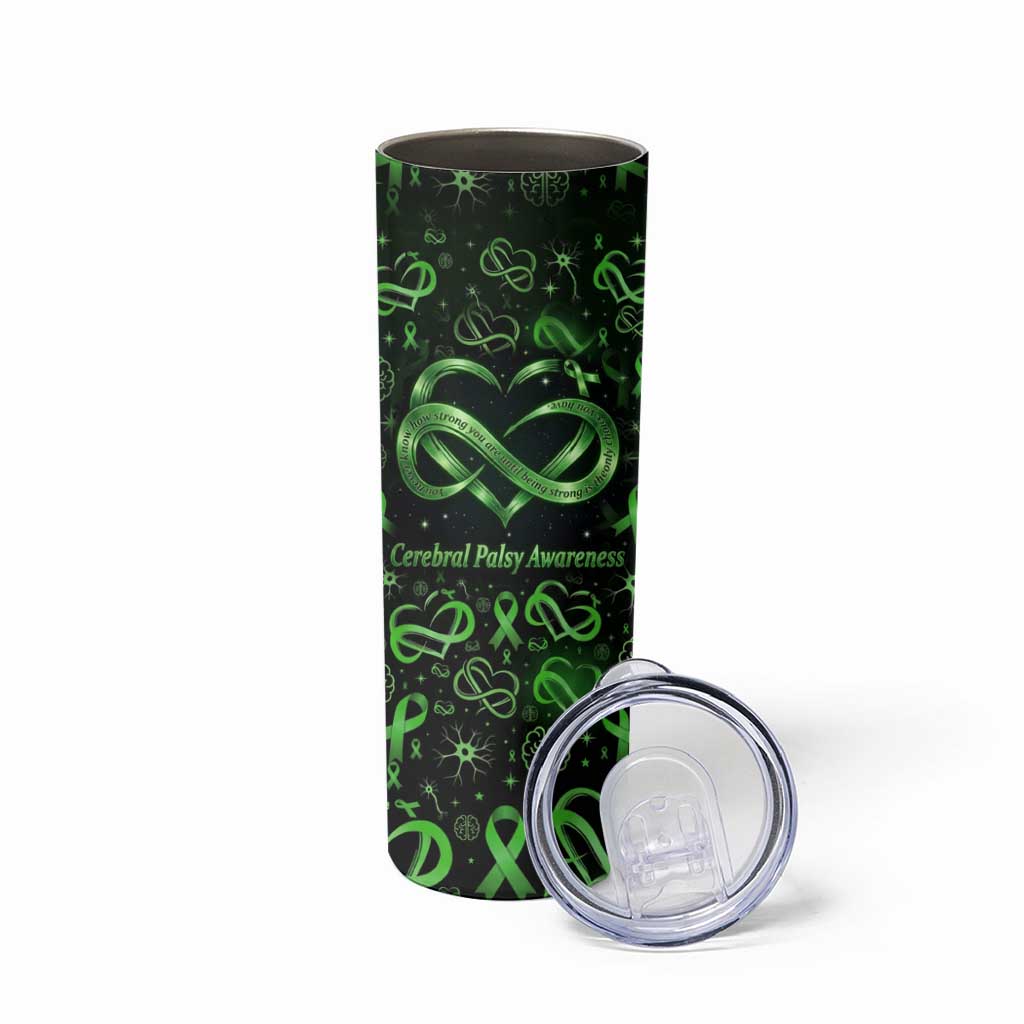 Cerebral Palsy Awareness Infinity Heart Skinny Tumbler Neon Green Ribbon Pattern Illustration