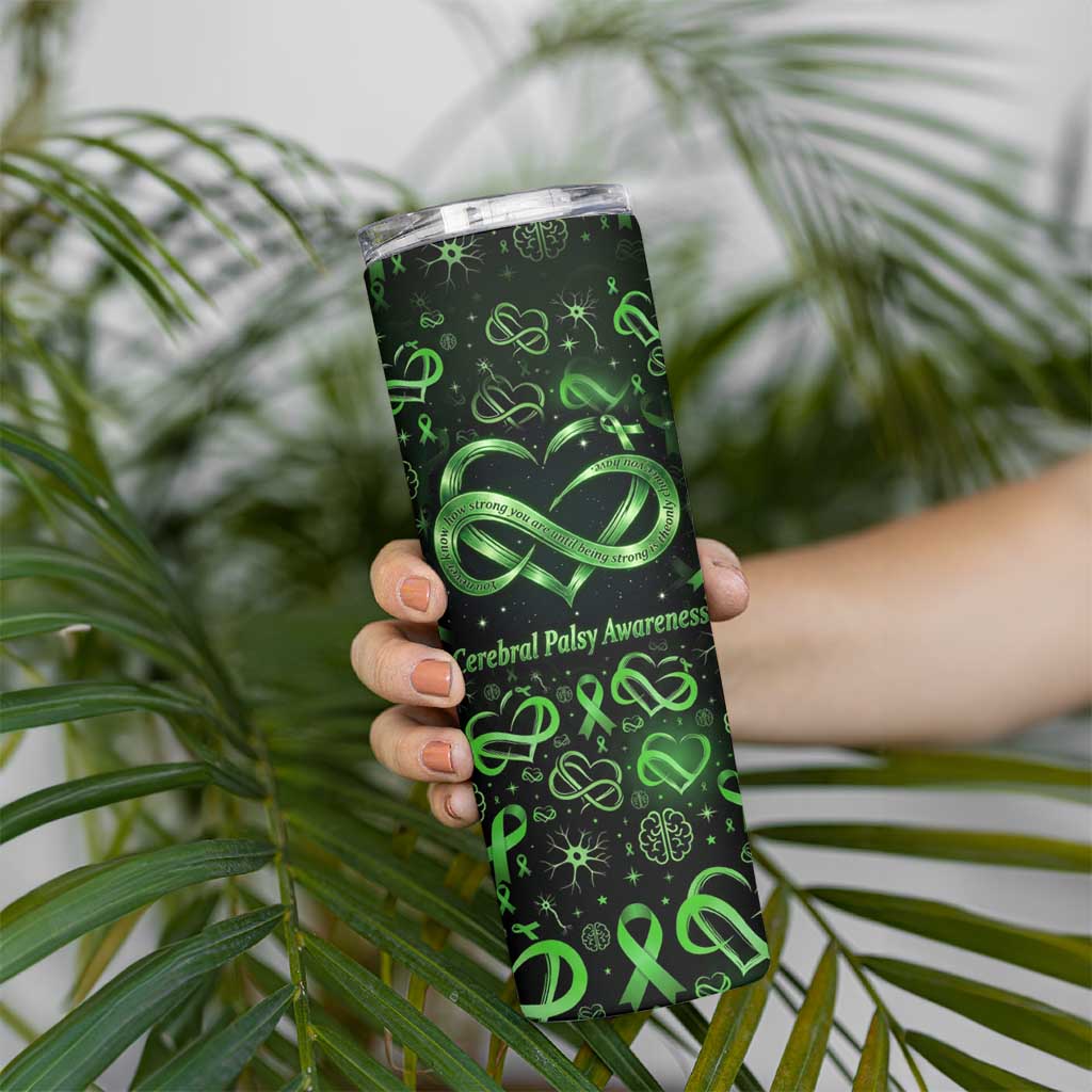 Cerebral Palsy Awareness Infinity Heart Skinny Tumbler Neon Green Ribbon Pattern Illustration