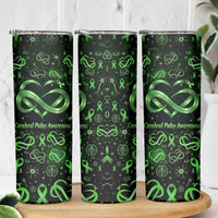 Cerebral Palsy Awareness Infinity Heart Skinny Tumbler Neon Green Ribbon Pattern Illustration