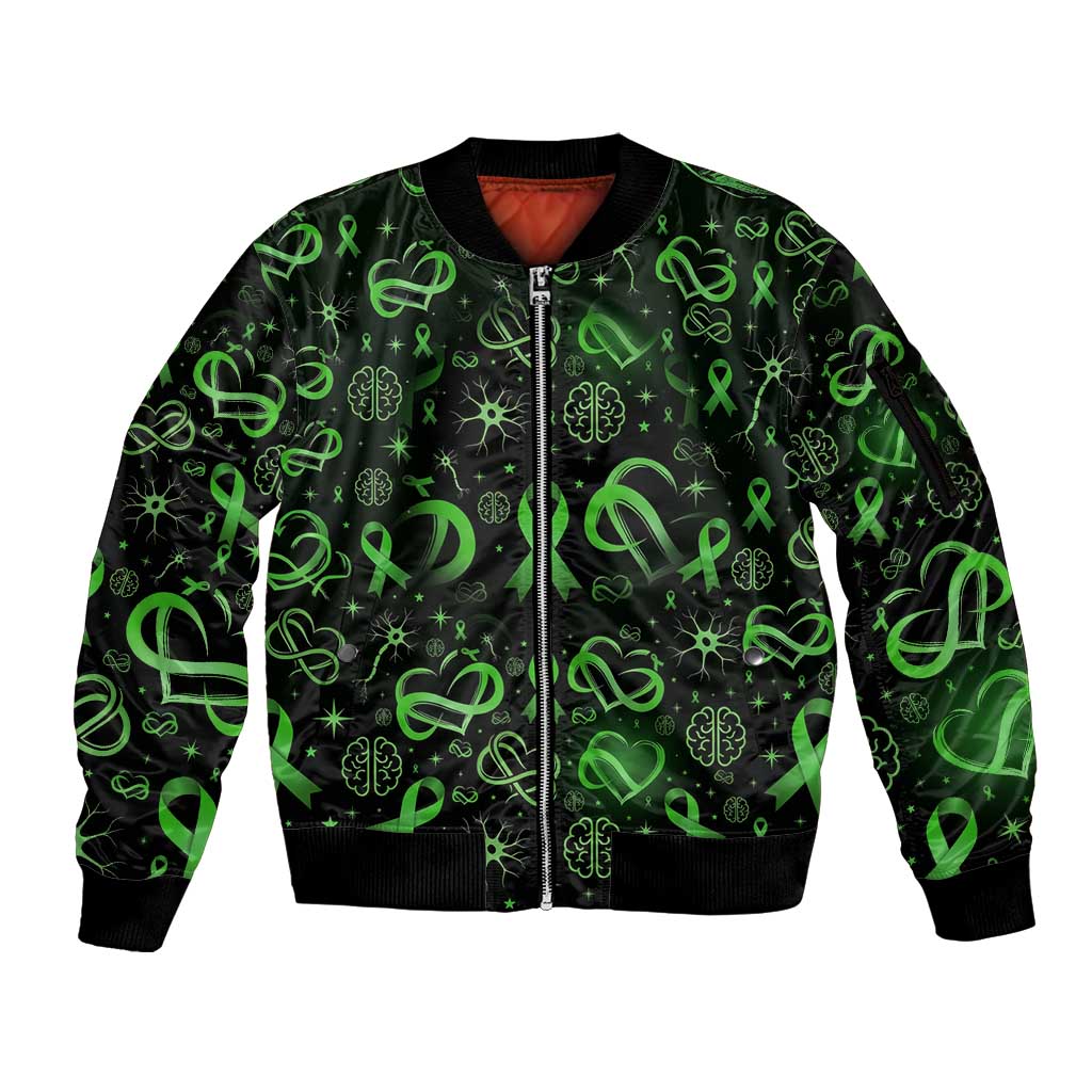 Cerebral Palsy Awareness Infinity Heart Sleeve Zip Bomber Jacket Neon Green Ribbon Pattern Illustration
