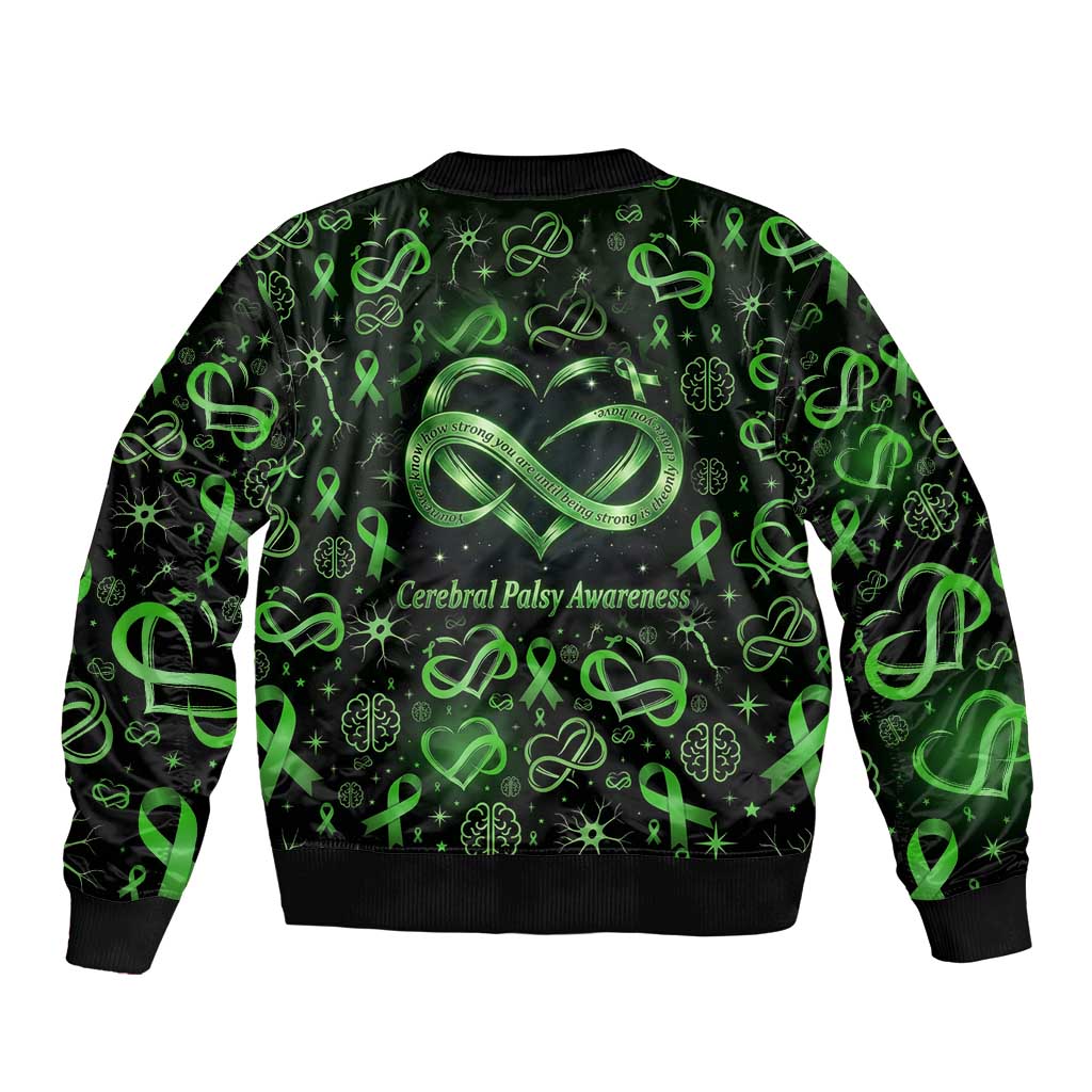 Cerebral Palsy Awareness Infinity Heart Sleeve Zip Bomber Jacket Neon Green Ribbon Pattern Illustration