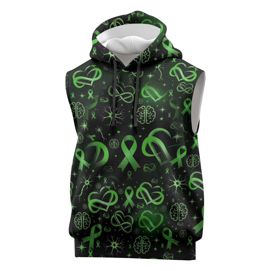 Cerebral Palsy Awareness Infinity Heart Sleeveless Hoodie Neon Green Ribbon Pattern Illustration