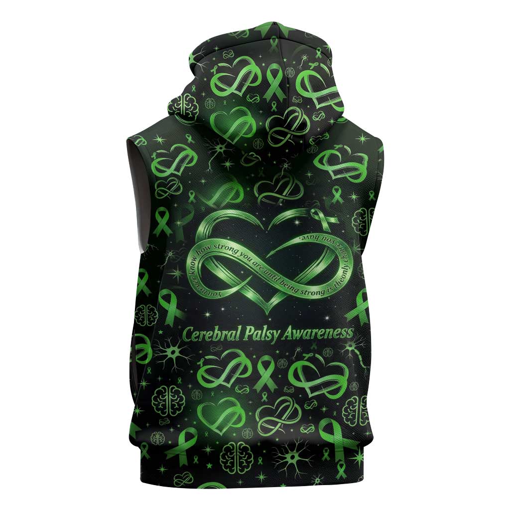 Cerebral Palsy Awareness Infinity Heart Sleeveless Hoodie Neon Green Ribbon Pattern Illustration