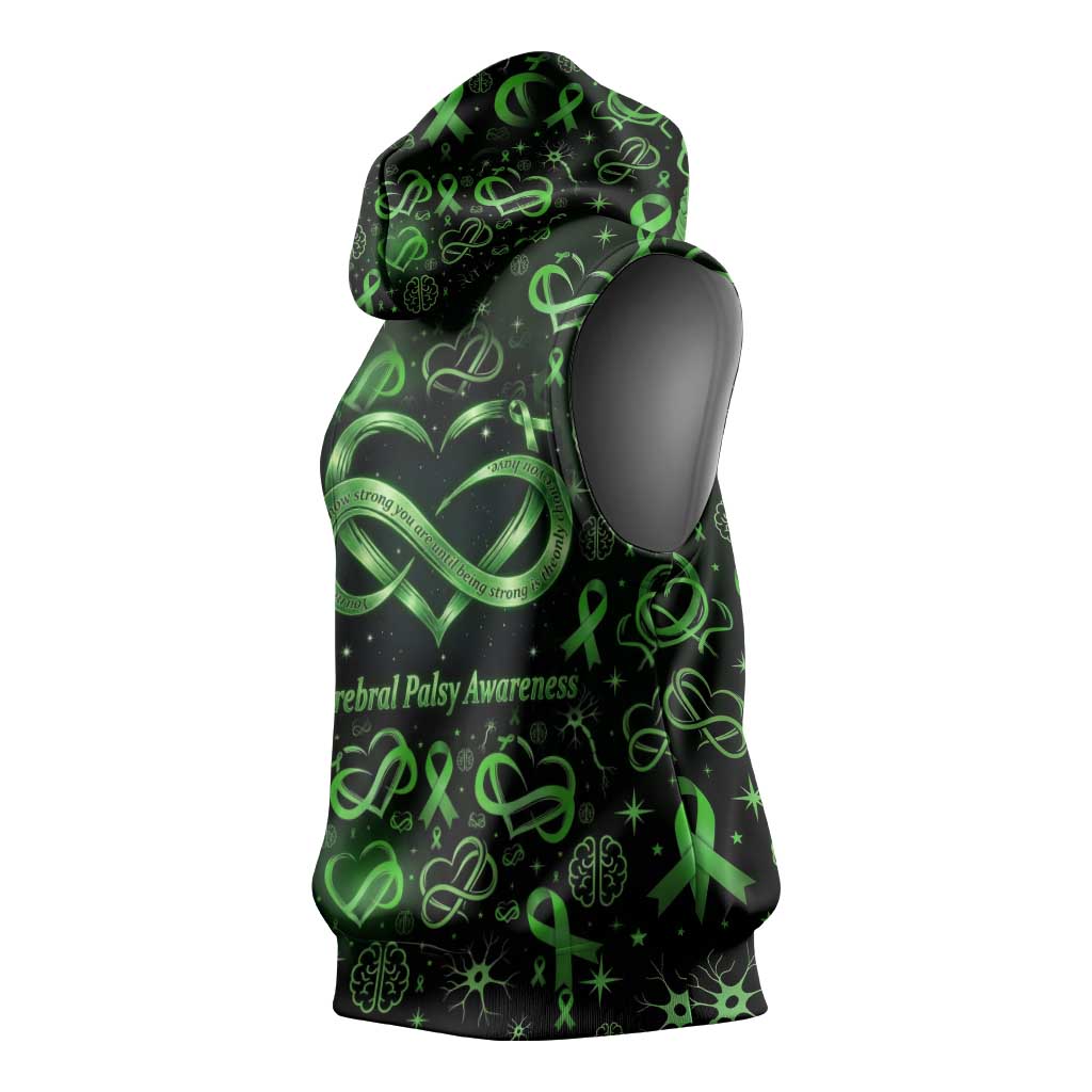Cerebral Palsy Awareness Infinity Heart Sleeveless Hoodie Neon Green Ribbon Pattern Illustration