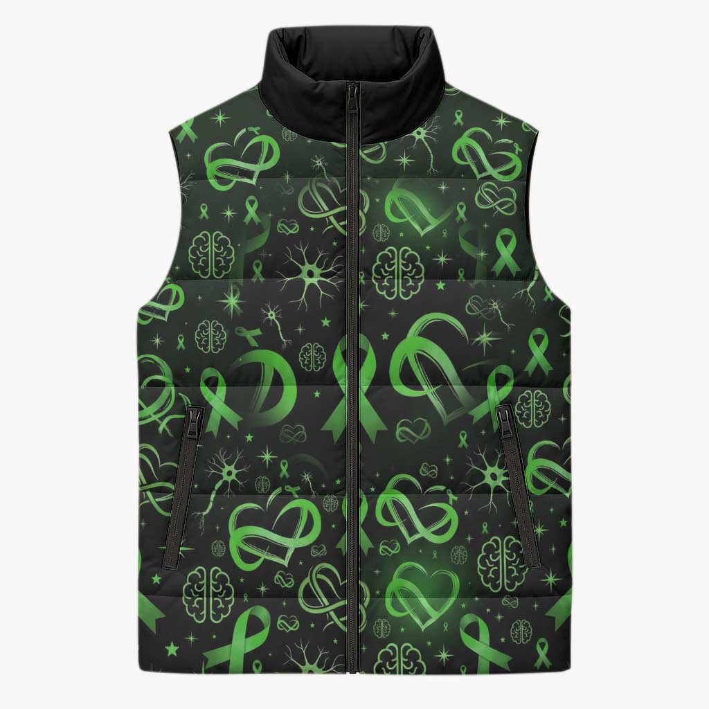 Cerebral Palsy Awareness Infinity Heart Sleeveless Puffer Jacket Neon Green Ribbon Pattern Illustration