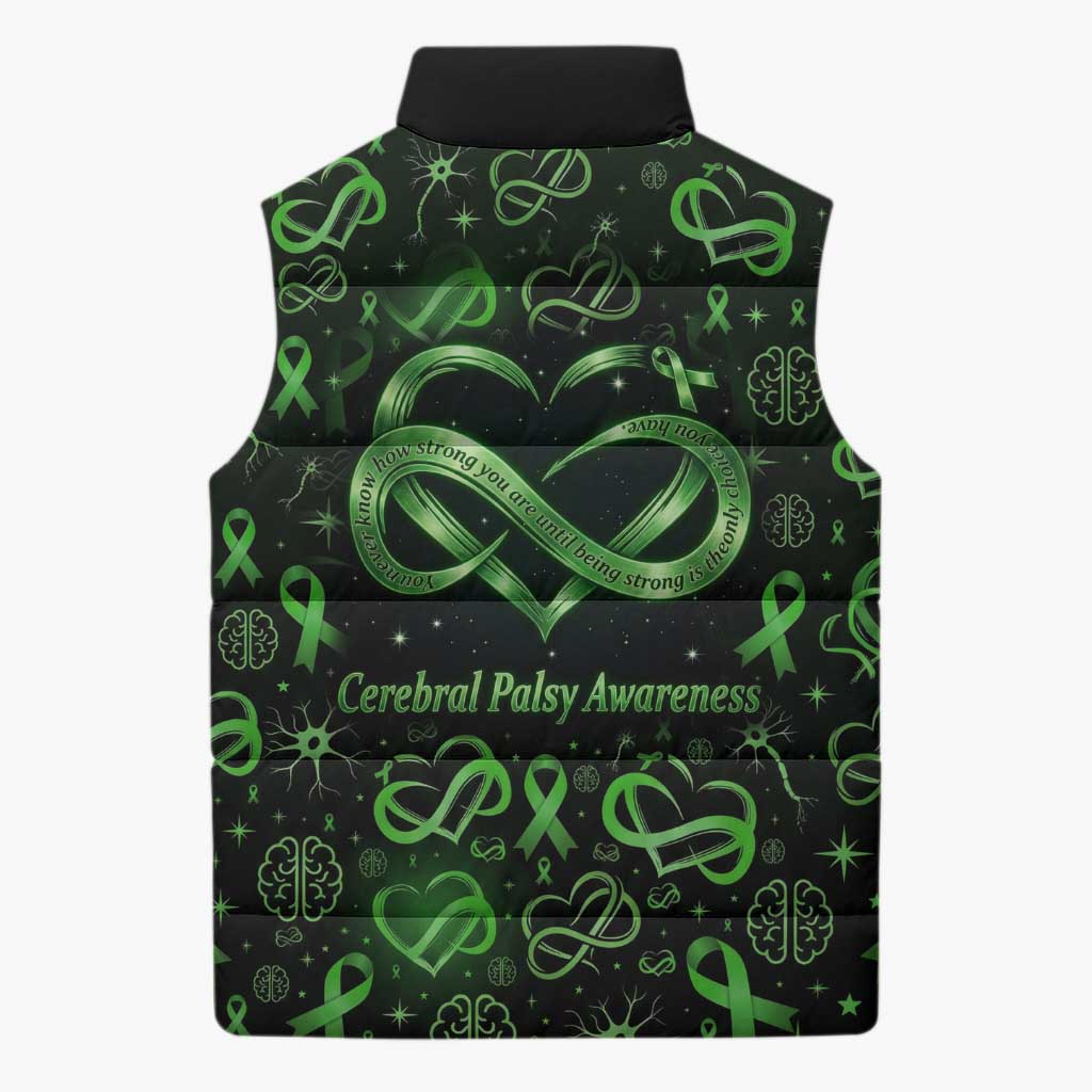 Cerebral Palsy Awareness Infinity Heart Sleeveless Puffer Jacket Neon Green Ribbon Pattern Illustration