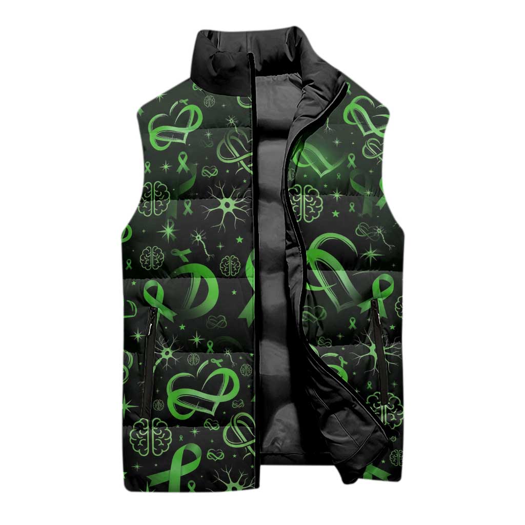 Cerebral Palsy Awareness Infinity Heart Sleeveless Puffer Jacket Neon Green Ribbon Pattern Illustration
