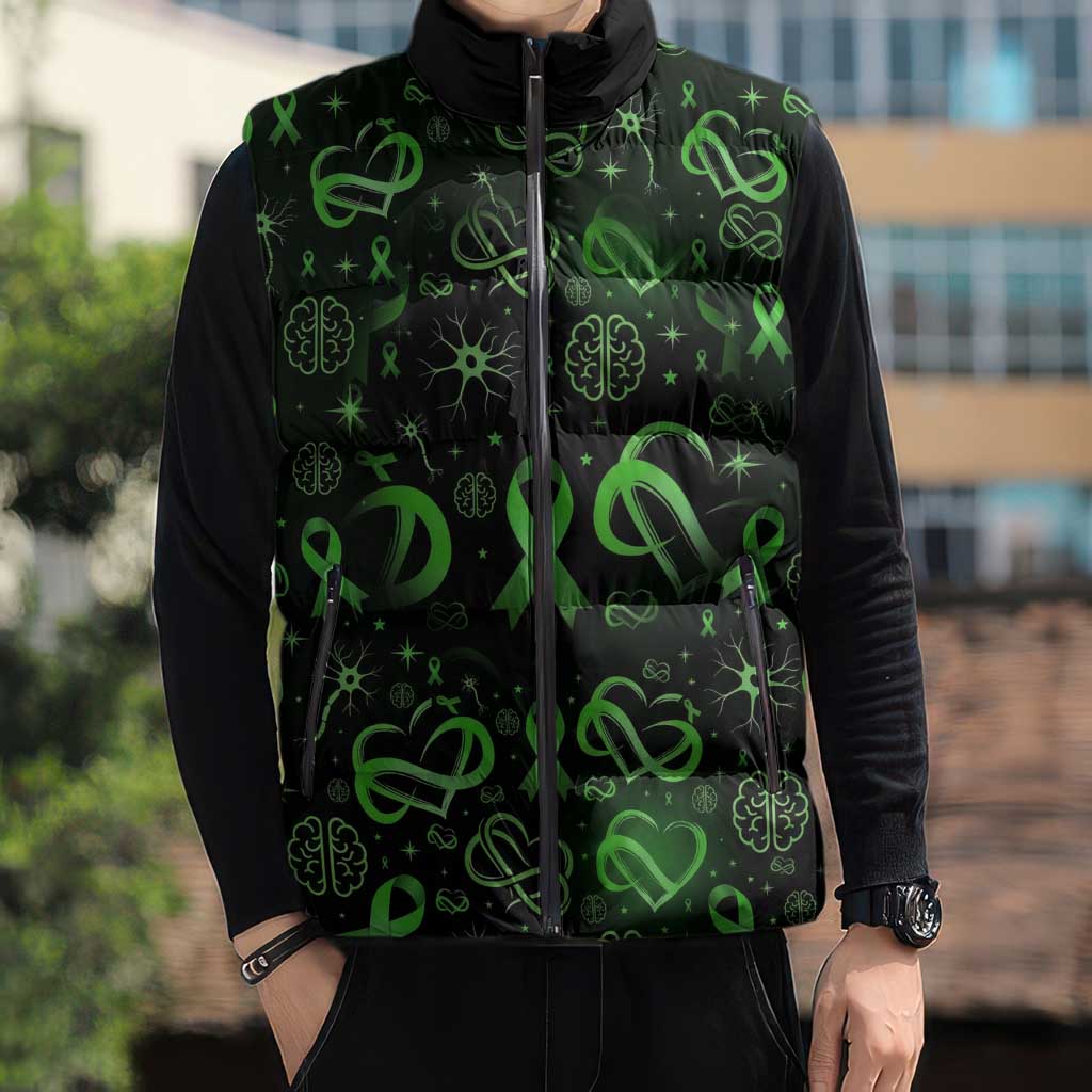 Cerebral Palsy Awareness Infinity Heart Sleeveless Puffer Jacket Neon Green Ribbon Pattern Illustration