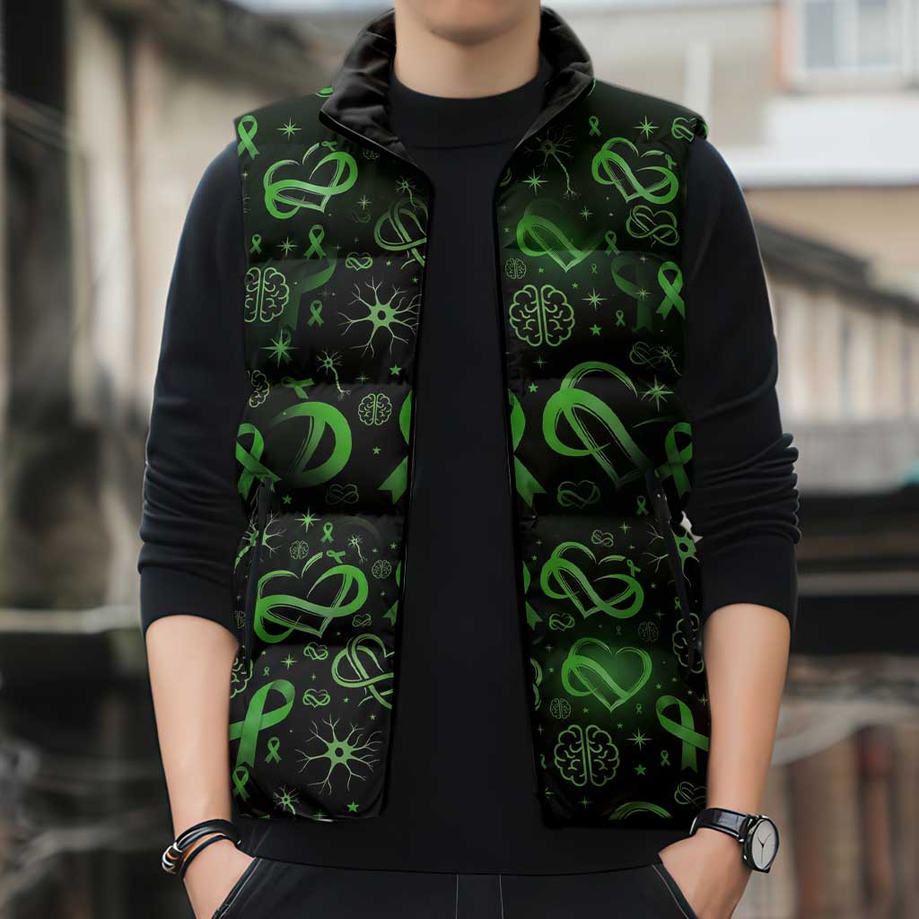 Cerebral Palsy Awareness Infinity Heart Sleeveless Puffer Jacket Neon Green Ribbon Pattern Illustration