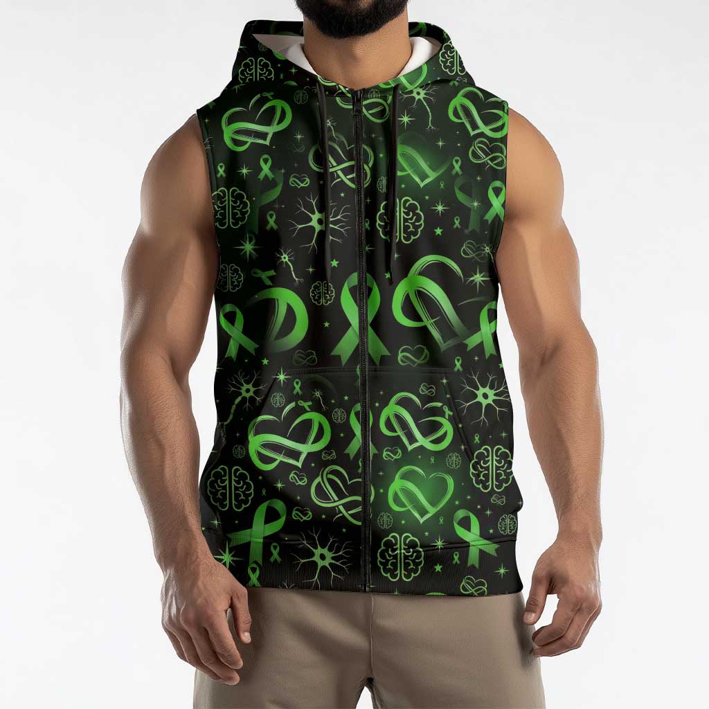 Cerebral Palsy Awareness Infinity Heart Sleeveless Zip Hoodie Neon Green Ribbon Pattern Illustration