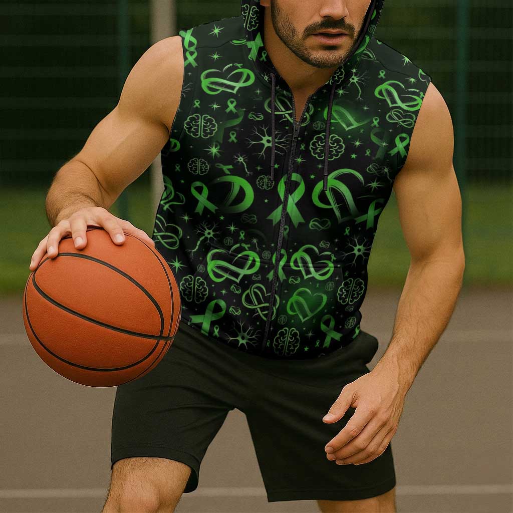 Cerebral Palsy Awareness Infinity Heart Sleeveless Zip Hoodie Neon Green Ribbon Pattern Illustration