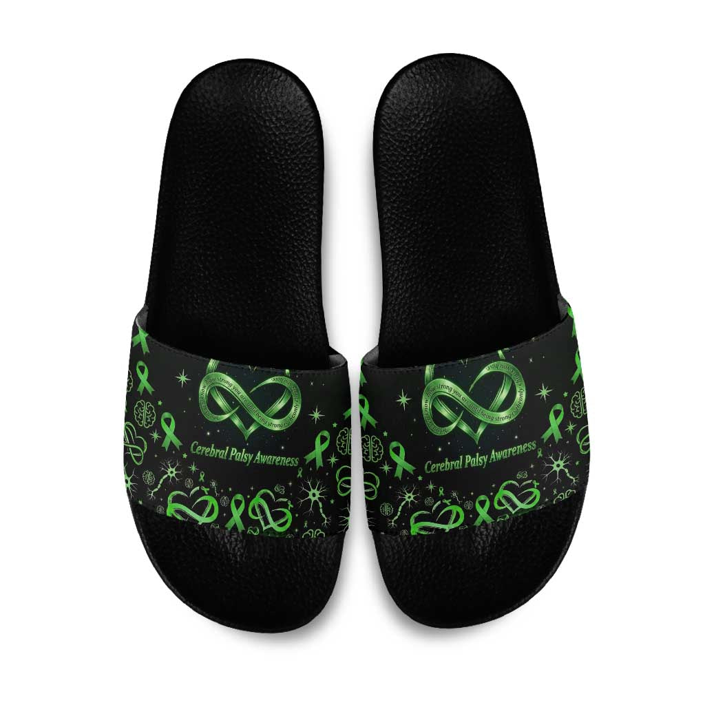 Cerebral Palsy Awareness Infinity Heart Slide Sandals Neon Green Ribbon Pattern Illustration