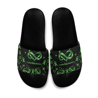 Cerebral Palsy Awareness Infinity Heart Slide Sandals Neon Green Ribbon Pattern Illustration