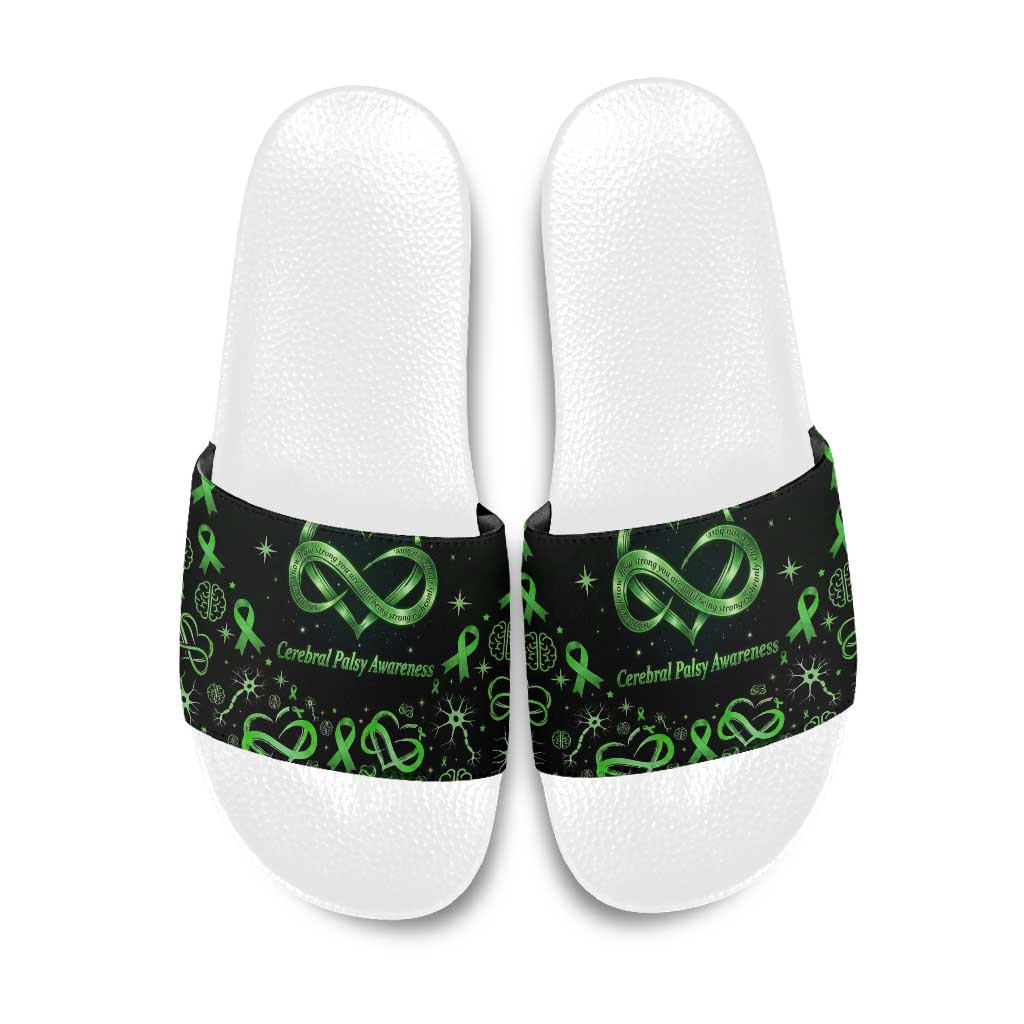 Cerebral Palsy Awareness Infinity Heart Slide Sandals Neon Green Ribbon Pattern Illustration
