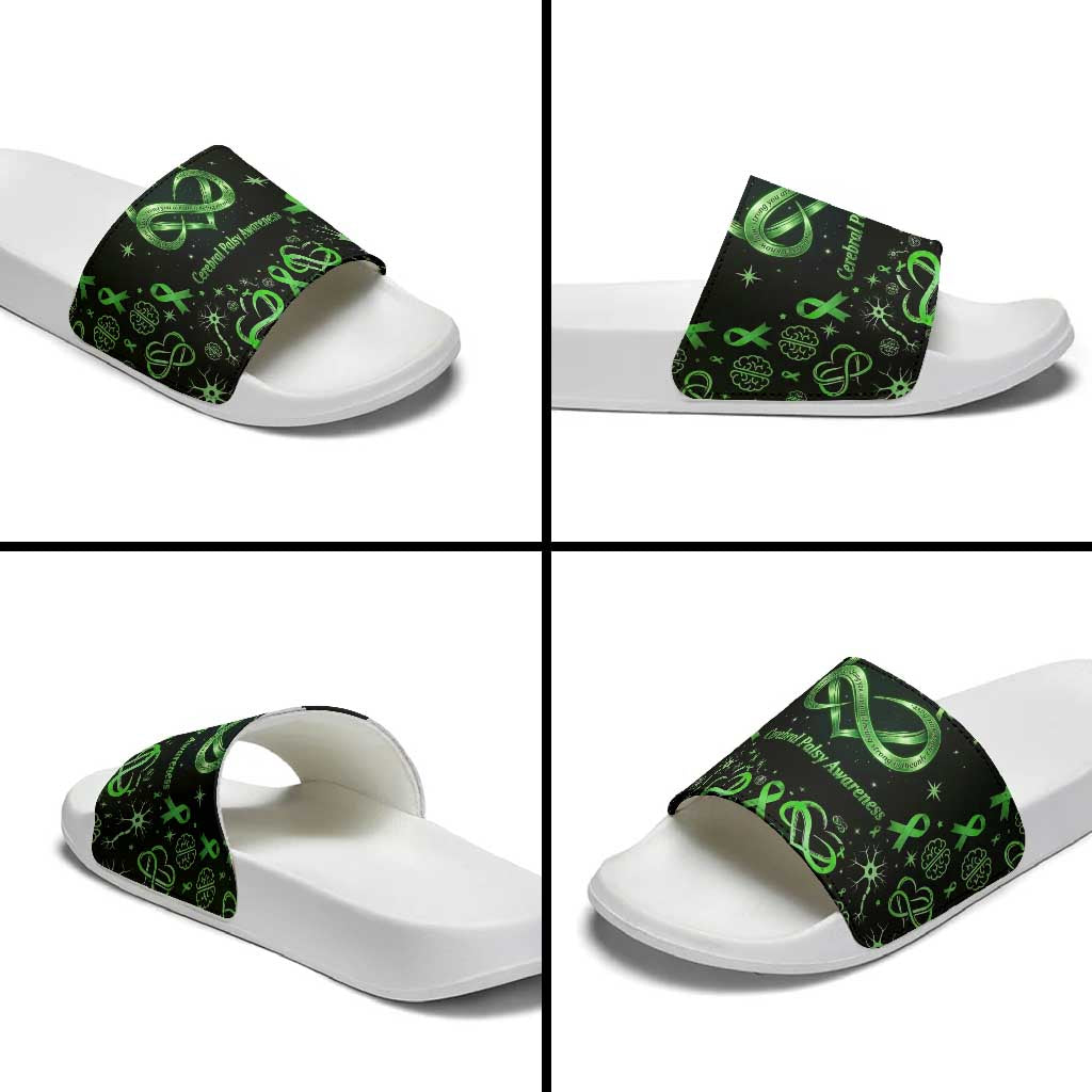 Cerebral Palsy Awareness Infinity Heart Slide Sandals Neon Green Ribbon Pattern Illustration