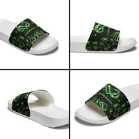 Cerebral Palsy Awareness Infinity Heart Slide Sandals Neon Green Ribbon Pattern Illustration